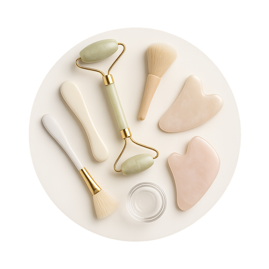 Gua Sha stones and facial brushes used in advanced skincare treatments at Solace Wellness Aesthetics in Fort Myers, Florida.
