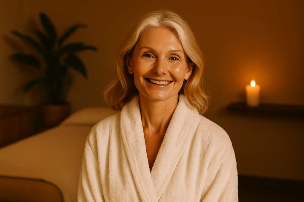 Confident middle-aged woman enjoying a post-facial glow at Solace Wellness Aesthetics in Fort Myers, FL